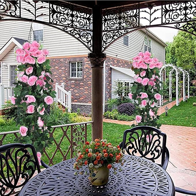 RECUTMS Artificial Pink Roses Fake Hanging Flower Plants, 4 PCS 37 Inch Silk Floral Ivy Garlands for Outdoors Home Room Garden Wedding Bridal Shower Friendship Valentine’s Day Indoor Party Decoration