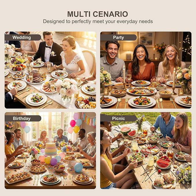 Tinybee 300PCS Gold Plastic Silverware - Heavy Duty Disposable Silverware, Luxury Gold Plastic Utensils - Elegant Disposable Utensil Include 100 Knives, 100 Forks, 100 Spoons Perfect for Party&Wedding