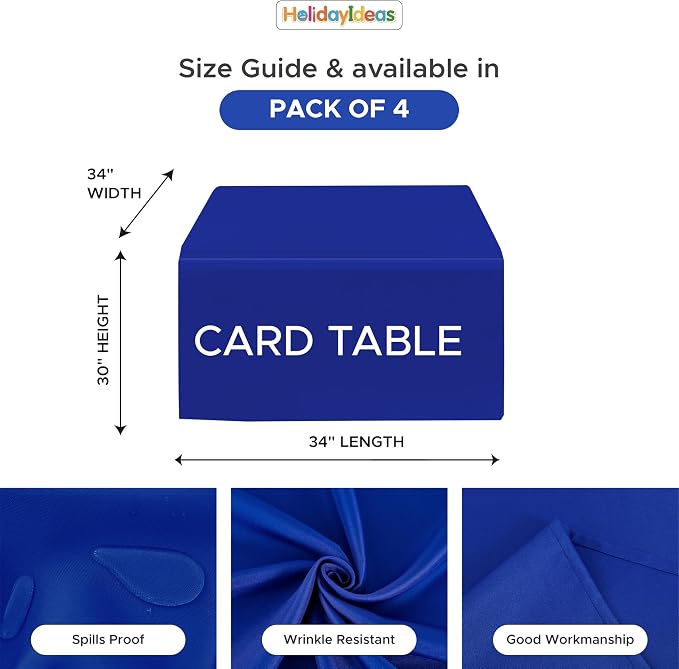 HolidayIdeas 4-Pack 34x34 inch Royal Blue Craft Shows Fitted Tablecloth | Wrinkle resistant table covers; bulk quantity pack for professional trade exhibition displays or vendor booths