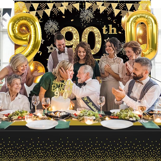 90th Birthday Decorations Men Women with 90th Birthday Banner, Black and Gold Table Cloth, Number Balloons, Large Sash, Cake Topper and Candles
