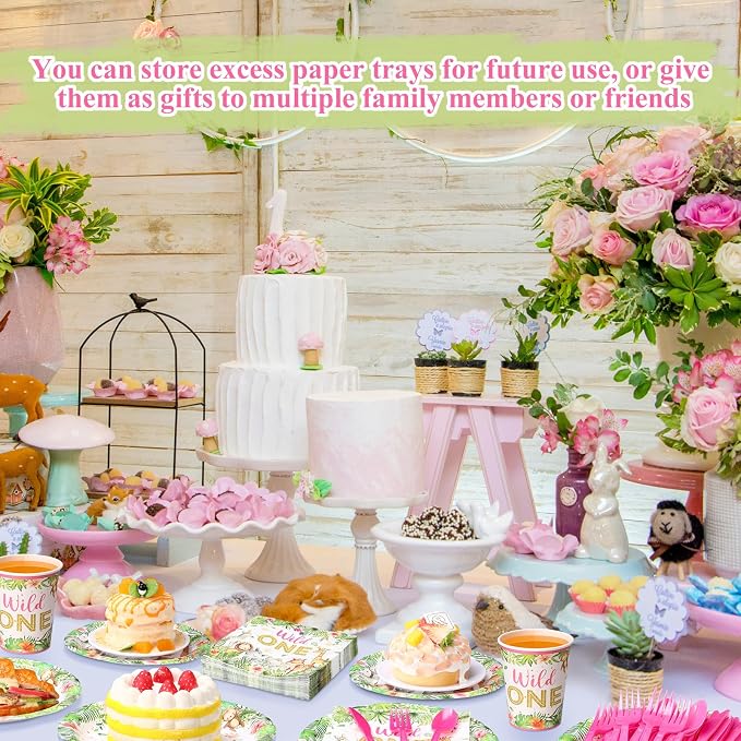 Funnymoom 400 Pcs Wild One Birthday Party Supplies for 50 Guests 1st First Safari Jungle Baby Shower Disposable Plate Napkin Cup Spoon Fork Knives for Girls Animal Party Decoration