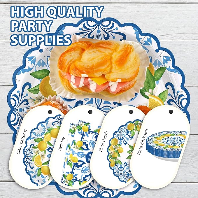 168Pcs Capri Lemon Party Decoration Blue Tiles Plates Napkins Cups Forks Knives Spoons Scalloped Blue Yellow Lemon Disposable Tableware Set for Wedding Bridal Shower Party Supplies Serves 24