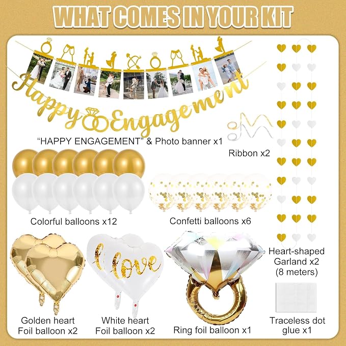 Engagement Party Decorations Gold - 29 Pc Engagement Decor Kit, Happy Engagement Banner, Ring Balloon, Photo Timeline, LOVE Heart Balloons - Just Engaged Proposal Bridal Shower Decor