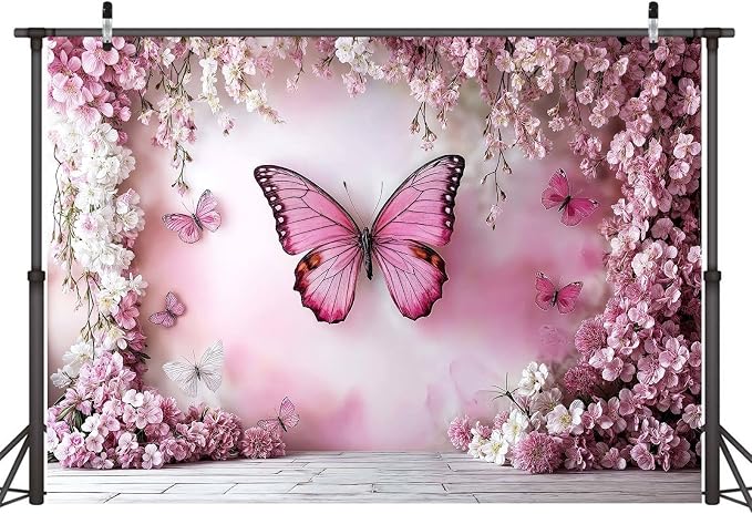 9x6ft Flower Butterfly Wall Backdrop Pink Floral Princess Girl Birthday Party Photography Background Photo Backdrop Art Wedding Banner Photo Studio Props