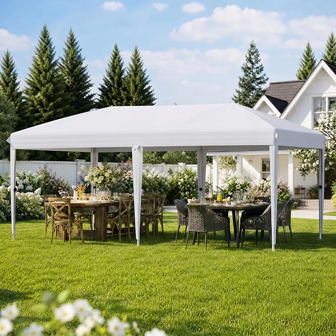 10x20 Pop Up Canopy Without Sidewalls, Instant Tent with Carry Bag, Sandbags, Height Adjustable Waterproof Outdoor Canopy, Outdoor Canopy for Events, Camping, Parties (White)