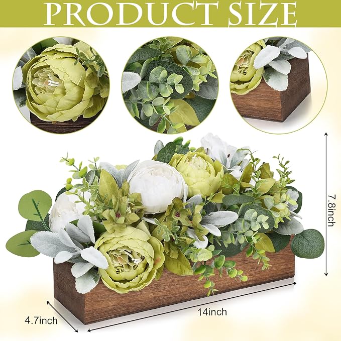 Summer Flower Centerpieces for Table Dining Room Pre-Made Artificial Peony Table Decorations Wood Tray with Fake Flowers for Wedding Living Room Party Bar Kitchen Table(Green White)