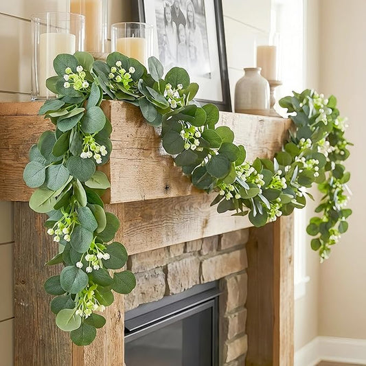 Artificial Eucalyptus Garland 8 Pack, Faux Eucalyptus Greenery Garland 6 ft, Realistic Eucalyptus Vine with Flowers for Wedding Table Centerpiece Mantel Fireplace Indoor Outdoor Decor