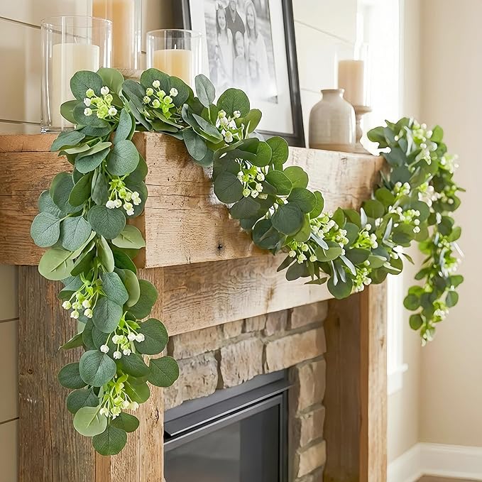Artificial Eucalyptus Garland 4 Pack, Faux Eucalyptus Greenery Garland 6 ft, Realistic Eucalyptus Vine with Flowers for Wedding Table Centerpiece Mantel Fireplace Indoor Outdoor Decor