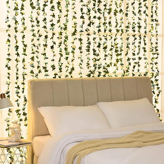 BLEUM CADE 12Pcs 98.4Ft Flower Garland Artificial Rose Vines with 98.4Ft String Lights, Cute Fake Hanging Flower Vines Floral Garland Decorations for Wedding Party Wall Room Decor Aesthetic