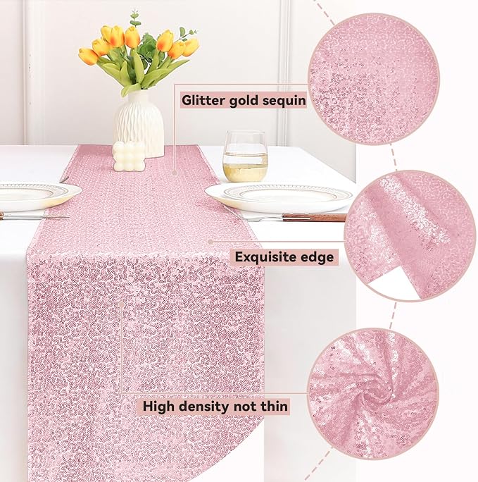 Sugargirl 10 Packs 12 x 72 inches Sequin Table Runner, Glitter Pink Table Runner for Birthday Party Supplies Wedding Holiday Celebration Event Decorations