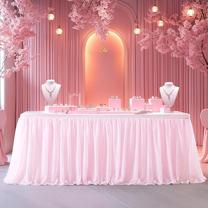 Pink Tablecloth for 6 Foot Rectangle Tables, Pink Tulle Table Skirt for Baby Shower Ruffle Tutu Table Cloths Skirt Stretch Fitted Table Covers for Wedding Girl's Birthday Princess Themed Parties