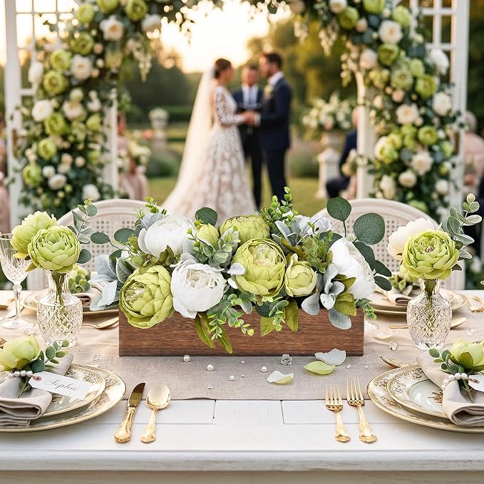 Summer Flower Centerpieces for Table Dining Room Pre-Made Artificial Peony Table Decorations Wood Tray with Fake Flowers for Wedding Living Room Party Bar Kitchen Table(Green White)