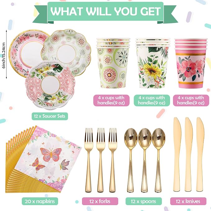 Layhit 83 Pcs Disposable Tea Party Set with 3 Tier Cake Stand Vintage Floral Paper Cups Plates Napkins Cutlery for Women Girls Birthday Baby Shower Bridal Shower Tea(Classic)