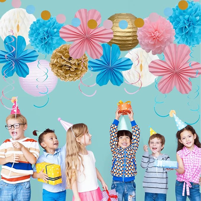 Birthday Party Decorations Kit Blue Pink & Gold, Happy Birthday Banner Garland Paper Pompoms, Flower Fans, Honeycom Ball , Lantern, Hanging Swirls, 20pcs