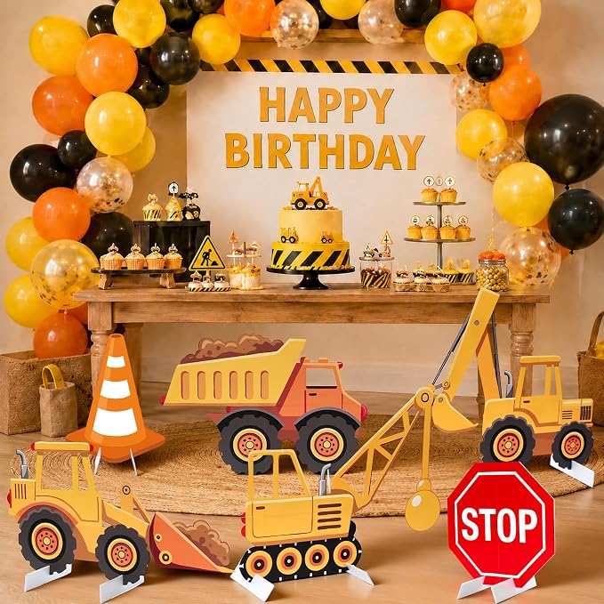 6 Pcs Large Construction Party Decorations, Truck Themed Cardboard Cutouts Standup, Excavator Traffic Cone Stop Yard Sign for Construction Birthday Baby Shower Indoor Outdoor Photo Prop
