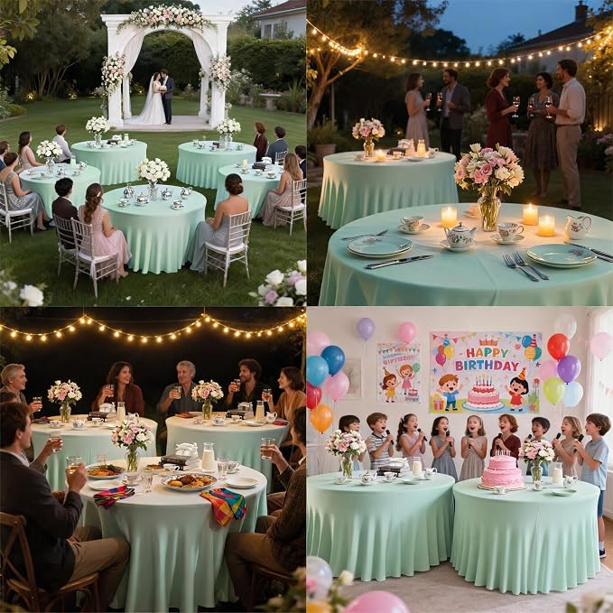 10 Pack Ivory Green Round Spandex Tablecloths for 60in Tables, 120 Inch Stretch Fitted Table Skirts, Wrinkle-Free Washable Polyester Covers for Wedding, Banquet & Party