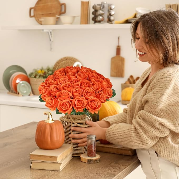 90pcs Roses Artificial Flowers Silk Orange Artificial Flowers Petals Long Stem Roses for Wedding Bouquet Home Party Decor