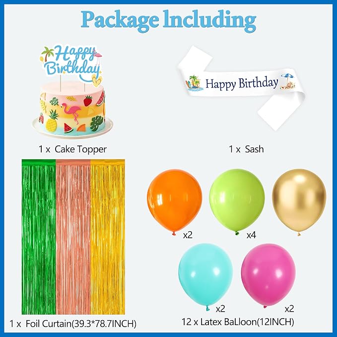 Crenics Summer Birthday Decorations - Happy Birthday Banner, Foil Fringe Curtains, Sash, Hanging Swirls, Cake Topper and Balloons for Summer Beach Theme Party Supplies