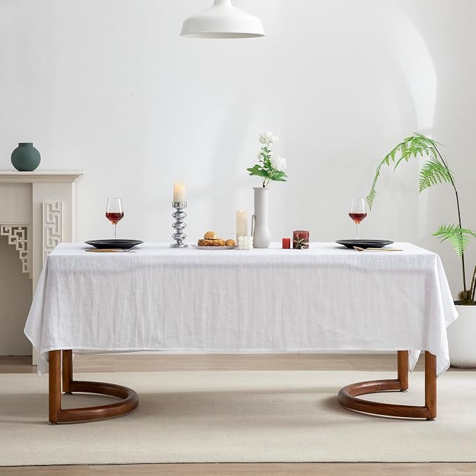 EVERLY 100% Pure Linen Rectangle Tablecloths 60x84Inches for Dining, Buffet Parties, Picnic,Events, Weddings and Restaurants, Decorative Halloween, Thanksgiving Machine Washable Tablecloths-White
