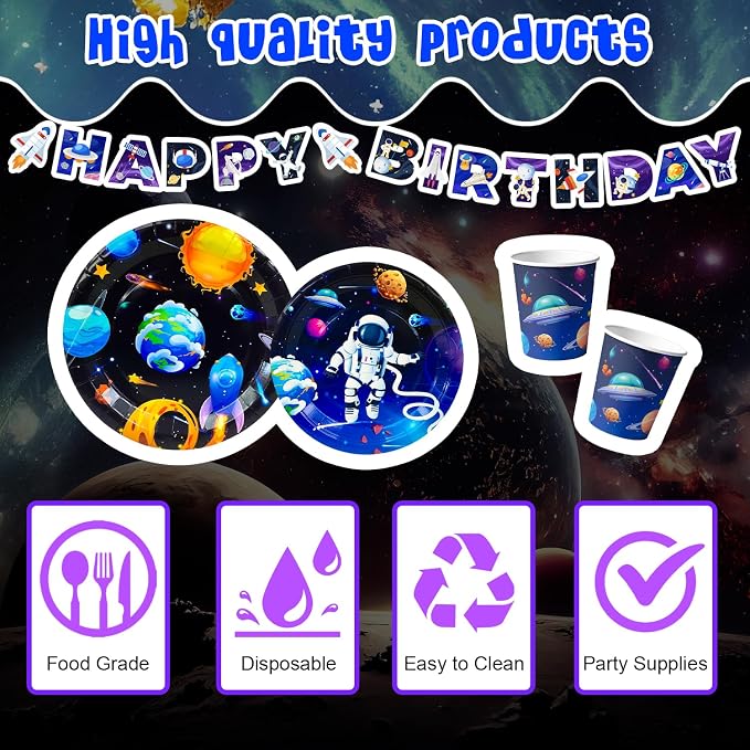 Space Party Tableware for 24 Guests, Outer Space Birthday Party Supplies, Space Party Plates Napkins Tablecloth Banner Garland etc Outer Space Tableware for Space Birthday Party Decorations