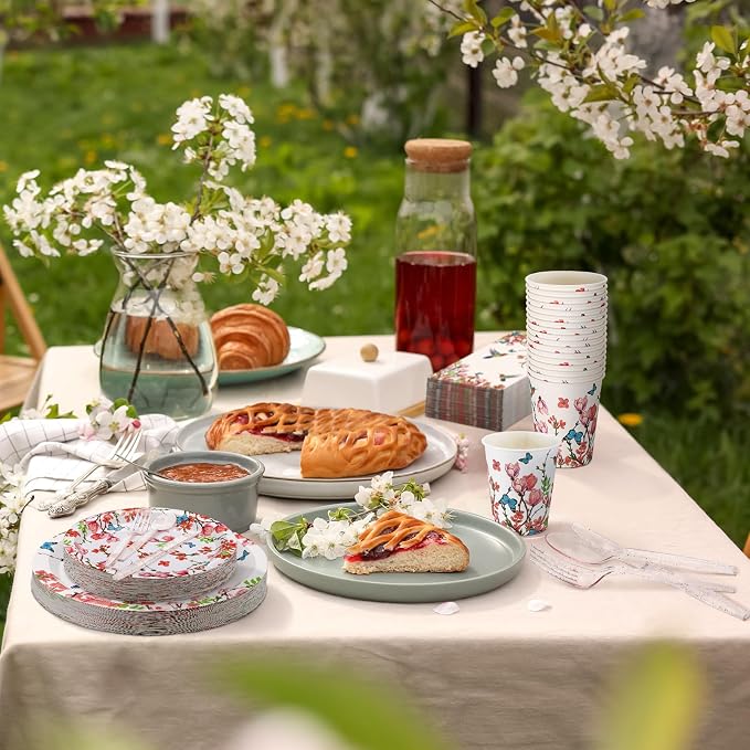 Sinmoe 400 Pcs Summer Hummingbird Floral Plates and Napkins Set Flower Dinnerware Disposable Party Supplies for 50 Guest Dinnerware Knife Fork Spoon for Summer Hummingbird Birthday Party Decoration