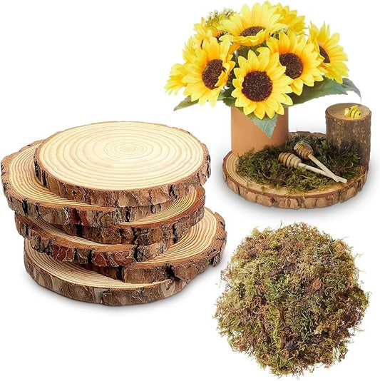 Leinuosen 6 Pcs 7-8 Inch Wood Slices for Centerpieces with 5.3oz Fake Green Moss Woodland Wood Rounds for Tables Decor Large Unfinished Rustic Discs for Crafts Wedding Baby Shower Ornaments