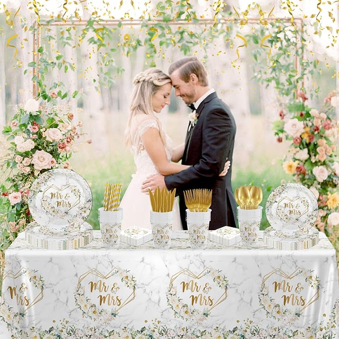 MEHOFOND 193 pcs White Wedding Party Decorations, Mr and Mrs Paper Plates Cup and Nakpins Set, 7x5ft Mr and Mrs Floral Backdrop for Bridal Shower White Flowers Gold Dots Glitter Photography Bac