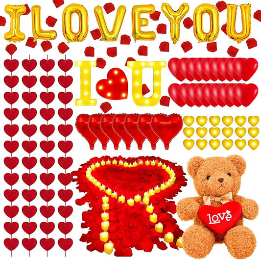 4229 PCS Rose Petals and Candles Set for Romantic Decoration Special Night I Love You Letters Balloon and LED 144 Red Heart Strings Bear Foil and Latex Balloons for Anniversary Decorations Romantic