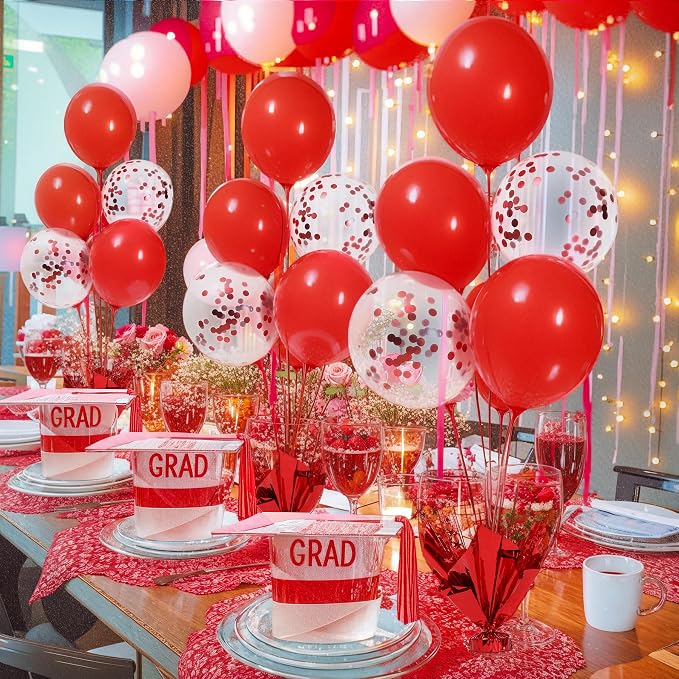 6 Set Red Christmas Table Balloons Centerpiece Stand Kit with Red and Confetti Balloons for Birthday Party Baby Shower Valentine's Day Wedding Prom Graduation Retirement Table Decorations