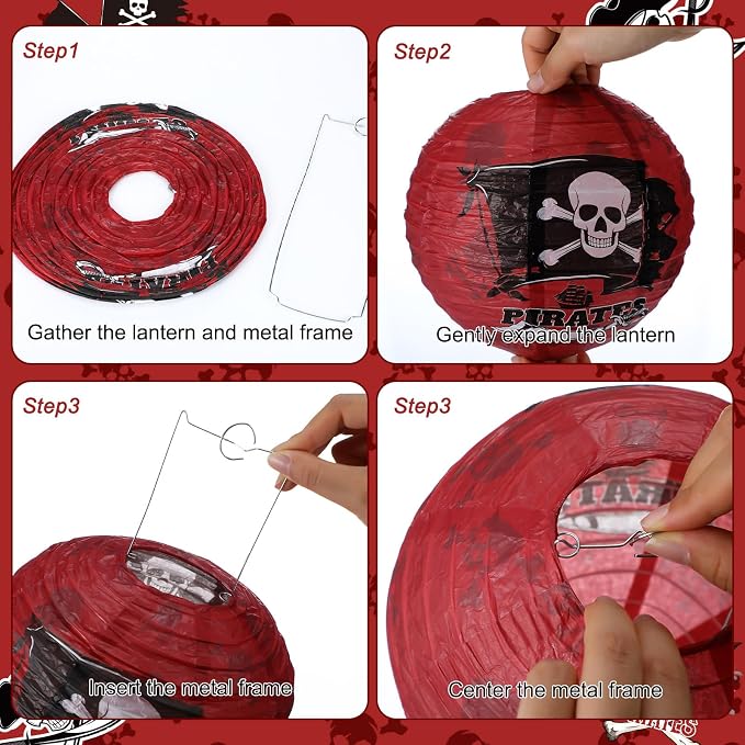Panelee 12 Pcs Pirate Theme Paper Lanterns Birthday Party Decorations 8 Inch Hanging Round Paper Lanterns for Halloween Party Decorations Holiday Indoor Outdoor Ceiling Ornament Supplies