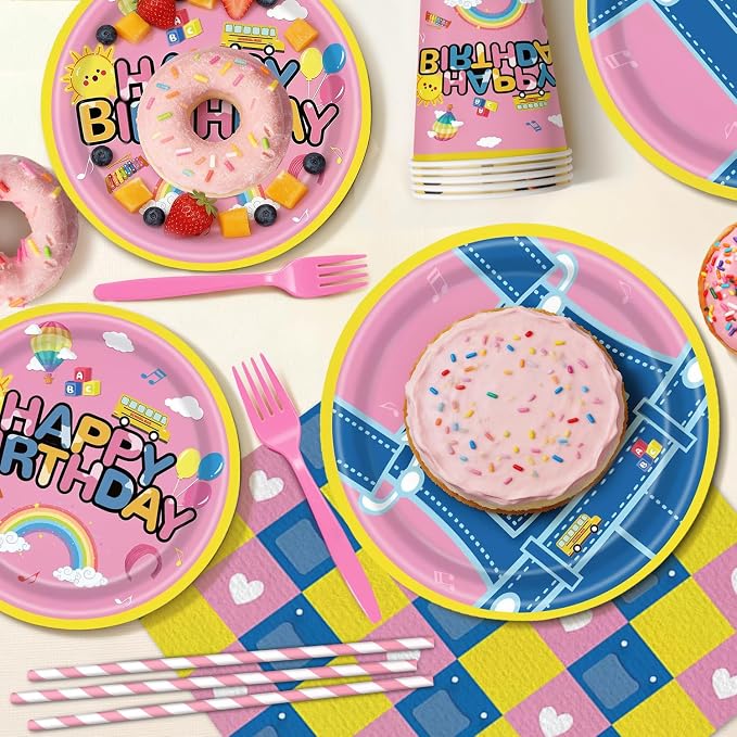 197pcs English Teacher Party Supplies, Cartoon Teacher Themed birthday party decorations with Tableware, Cake Decorations & Hanging Accessories, Serves 24 Guests