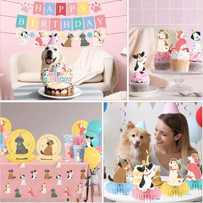 Dog Themed Birthday Party Decorations,Puppy Birthday Party Decorations Vintage Dog Plates and Napkins,Cups,Tablecloth,Happy Birthday Banner,Balloon,Cake Topper for Kids Dog Birthday Party Supplies