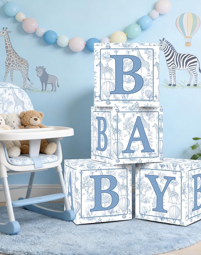 KARAQY Blue Safari Baby Shower Decorations - 4PCS Blue Toile de Jouy BABY Boxes, Jungle Animals Party Boxes for Birthday, Baby Shower Party Supplies (11.8 * 11.8 * 11.8 inches)