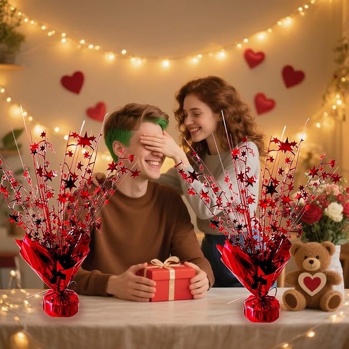 FUBININA 6 Pack Valentine's Day Table Centerpieces Metallic Red Foil Spray Centerpiece Star Table Decoration Burst for Birthday Wedding Memorial Christmas Anniversary Nye Party Supplies Decor