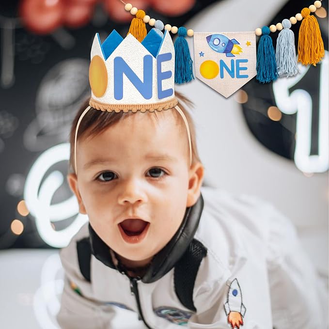 Gostman Outer Space ONE Decoration Set | First Trip Around The Sun Birthday Party Decorations,Space Themed First Birthday Highchair Banner and Sun One Crown