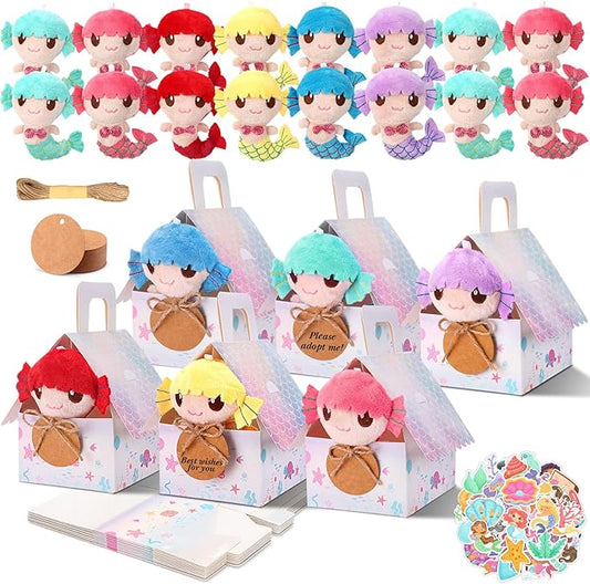 Spakon 88 Pcs Adopt a Mermaid Pet Party Favors Mini Mermaid Plush Toy Assortment with Gift Box House Small Animal Plush Animal Stickers for Kids Goodie Stuffers Pinata School Carnival Prize