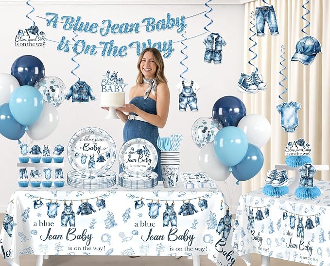 Xynic 213pcs Blue Jean Baby Shower Decorations or Boy, Serves 25 People, Includes Pre-strung Banner, Heavy-duty 350gsm Paper Plates, Waterproof & Oil-proof Disposable Plastic Tablecloths