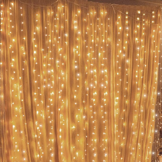 Twinkle Star 300 LED Curtain String Lights, Warm White | 8 Modes, Plug In, For Bedroom Wedding Party Birthday, Indoor Outdoor Wall Window Backdrop