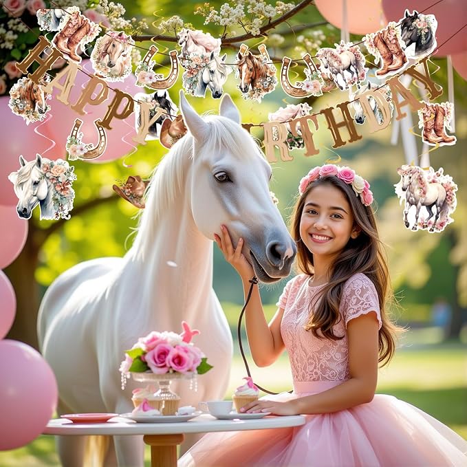 Horse Birthday Decorations for Girls, Brown and Pink Horse Cowgirl Party Decorations with Cowgirl Hanging Swirls, Happy Birthday Banners, Western Party for Women