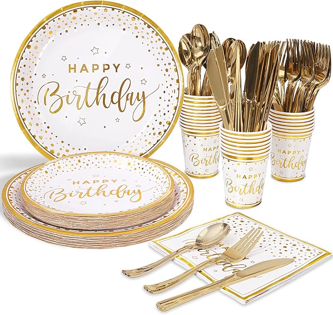 175PCS Happy Birthday Plates and Napkins Party Supplies, Gold Dot Paper Plates and Napkins with Gold Plastic Forks Knives Spoons Serve 25 Guests for Birthday Party Decorations