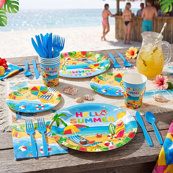 Pajean 350 Pcs Beach Party Decorations 12 in Disposable Oval Hello Summer Plates Napkins Summer Pool Beach Heavy Duty Paper Tableware Set for 50 Guests Hawaiian Birthday Pool Party Supplies