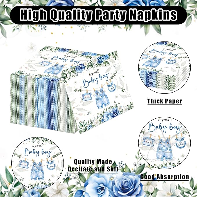 168PCS Blue Baby Boy Shower Decorations,Baby Shower Theme Party Tableware Set Plates Napkins Cups,for Boy Baby Shower Decorations Serves 24 Guests