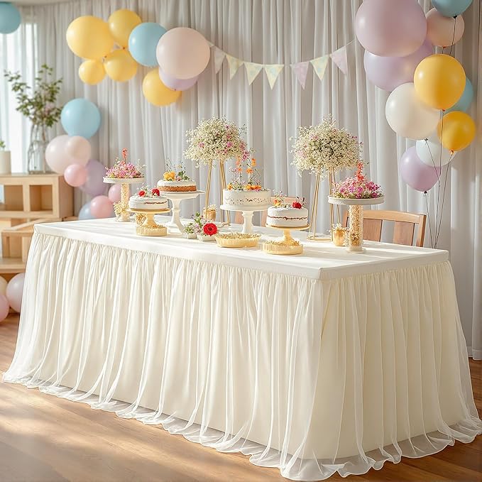 6 Pack Ivory Tablecloths for 6 Foot Rectangle Tables with Tulle Table Skirt Wedding Table Cover Stretchy Fitted Ruffle Tutu Tablecloth for Baby Shower Reception Birthday Parties Celebration Banquet