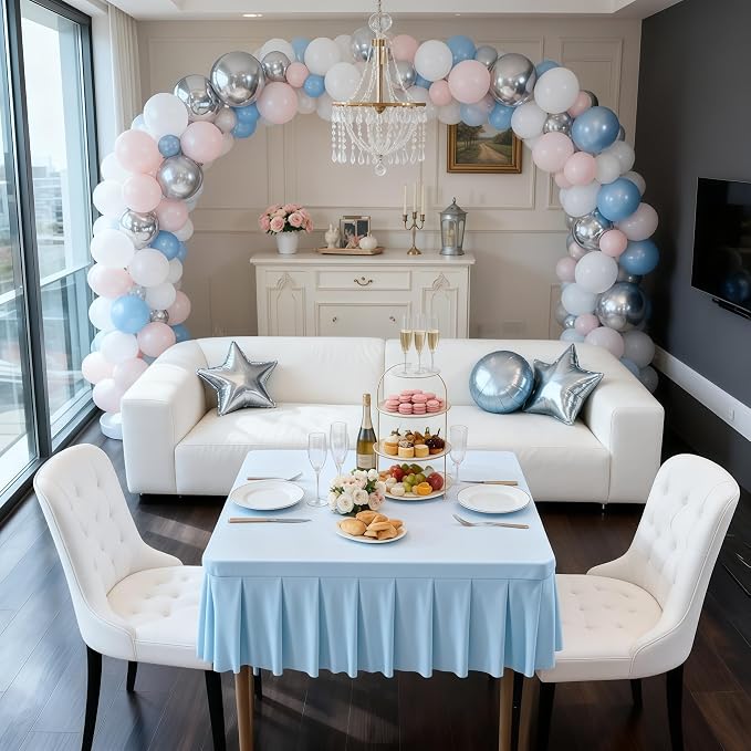 Wish Care Blue Spandex Tablecloths for 34x34 Inch Square Tables, Stretch Fitted Table Clothes with Pleated Ruffle Skirt for 34” Table, Wrinkle Free and Elastic, for Party Kitchen Home Dining