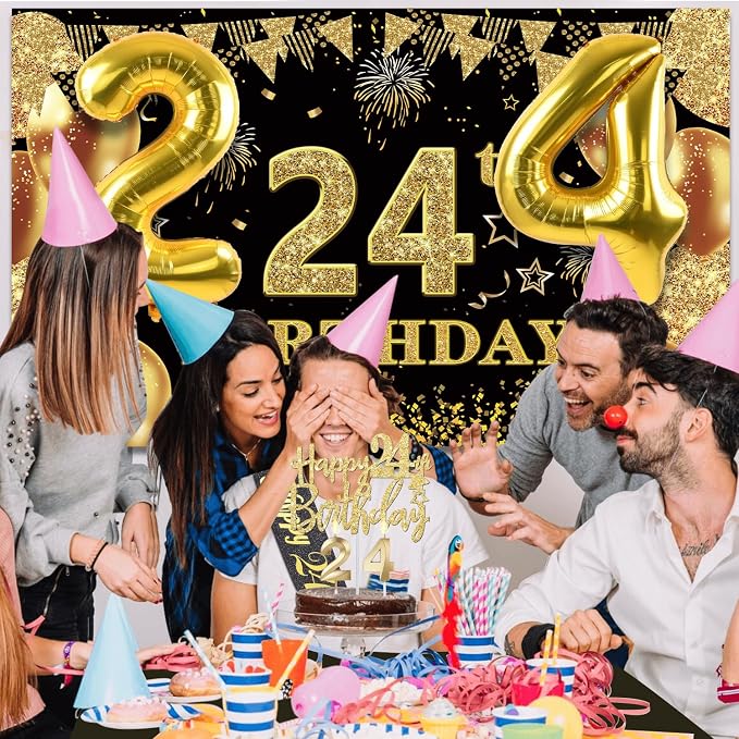 24th Birthday Decorations Men Women with 24th Birthday Banner, Black and Gold Table Cloth, Number Balloons, Large Sash, Cake Topper and Candles
