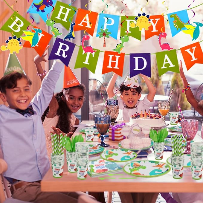 Tessco 193 Pcs Dinosaur Birthday Party Supplies Includes Plates Cups Napkins Banner Knives Fork Spoon Tablecloth Cupcake Toppers Straw Swirls for Boys Dino Birthday Party Decoration, Serves 20 Guests