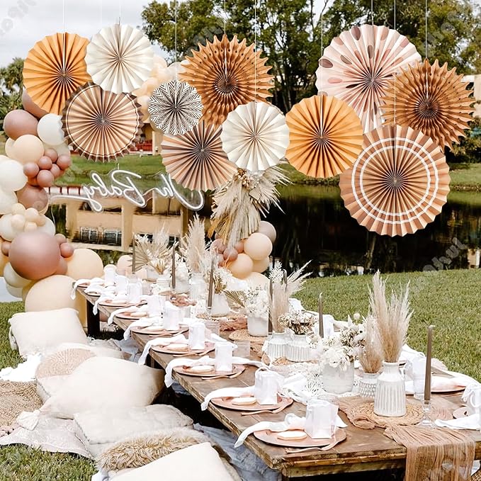 SUNBEAUTY 11 PCS Paper Fans Decorations Brown Party Decorations Natural Party Decorations Rustic Birthday Decorations Boho Party Decorations for Birthday Wedding Bridal Shower Baby Shower