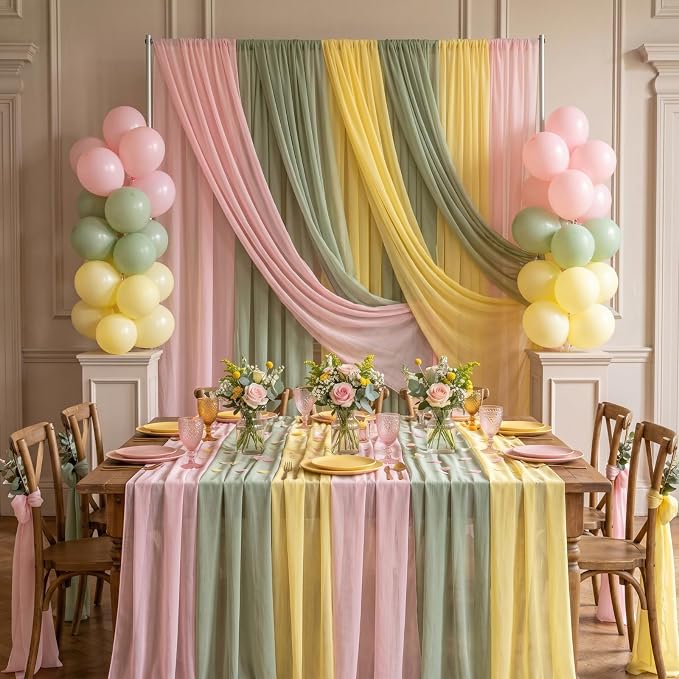Boao 6 Pcs Pink and Sage Green Party Decorations Table Runner Cloth 10Ft Boho Sheer Rustic Fabric for Wedding Birthday Party Baby Bridal Shower Graduation Dawn Sunset Decor