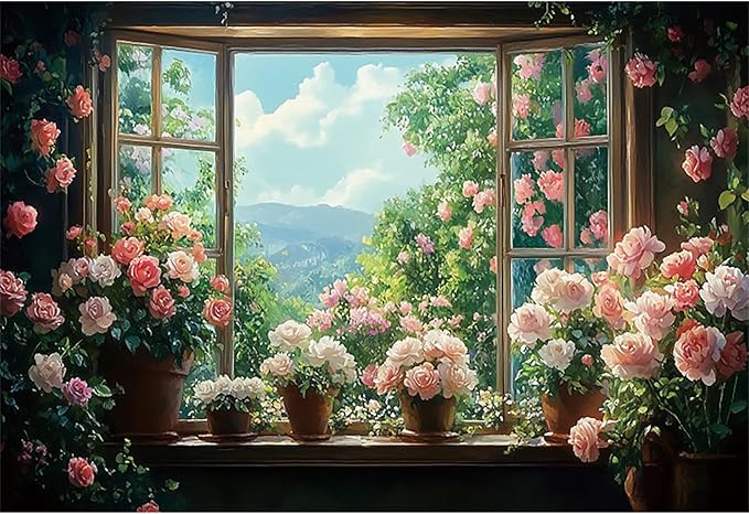 Baocicco 5x3ft Flowers Windowsill Photography Background Spring Floral Retro Oil Painting Photo Backdrop for Valentines Mothers Day Birthday Wedding Party Decorations Girls Women Portraits
