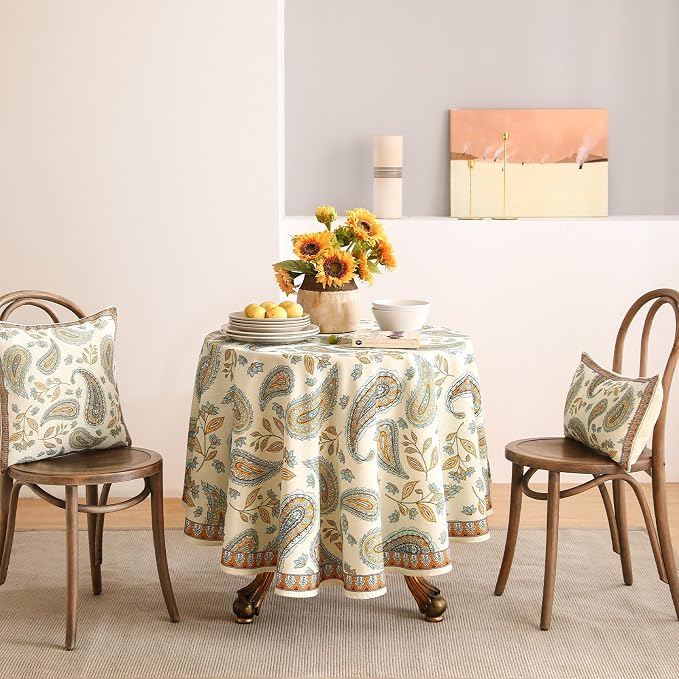 patdrea Vintage French Linen Tablecloth,Round,Diameter 55"-Lysaniya | Colorful Elegant Table Cloth for Round Table,Paisley Patterned,Dining Room Tea Party Thanksgiving Decor,Stain Resistant